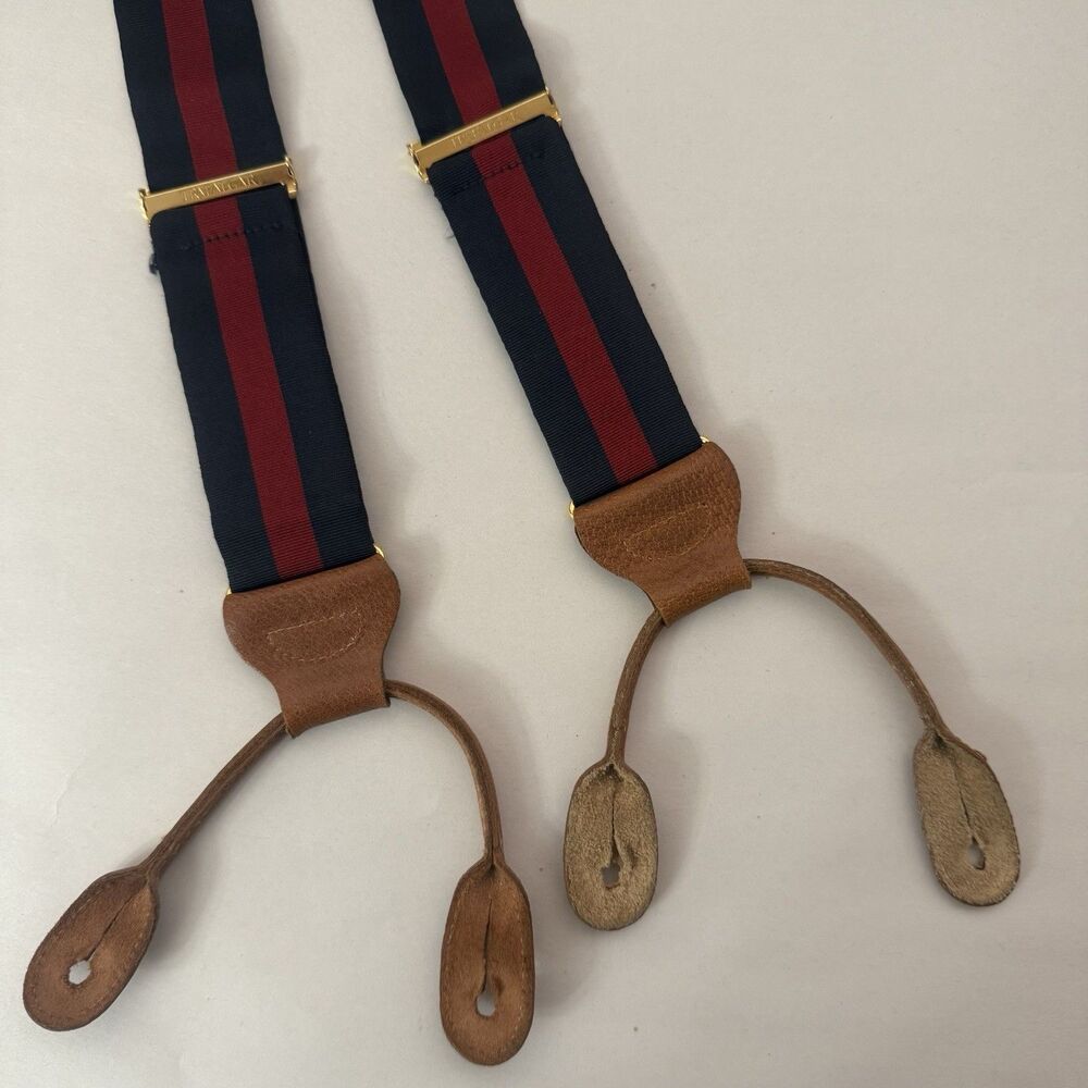 Trafalger Textured Navy Red Stripes Suspenders Gold Hardware Leather Attachments - Picture 7 of 12